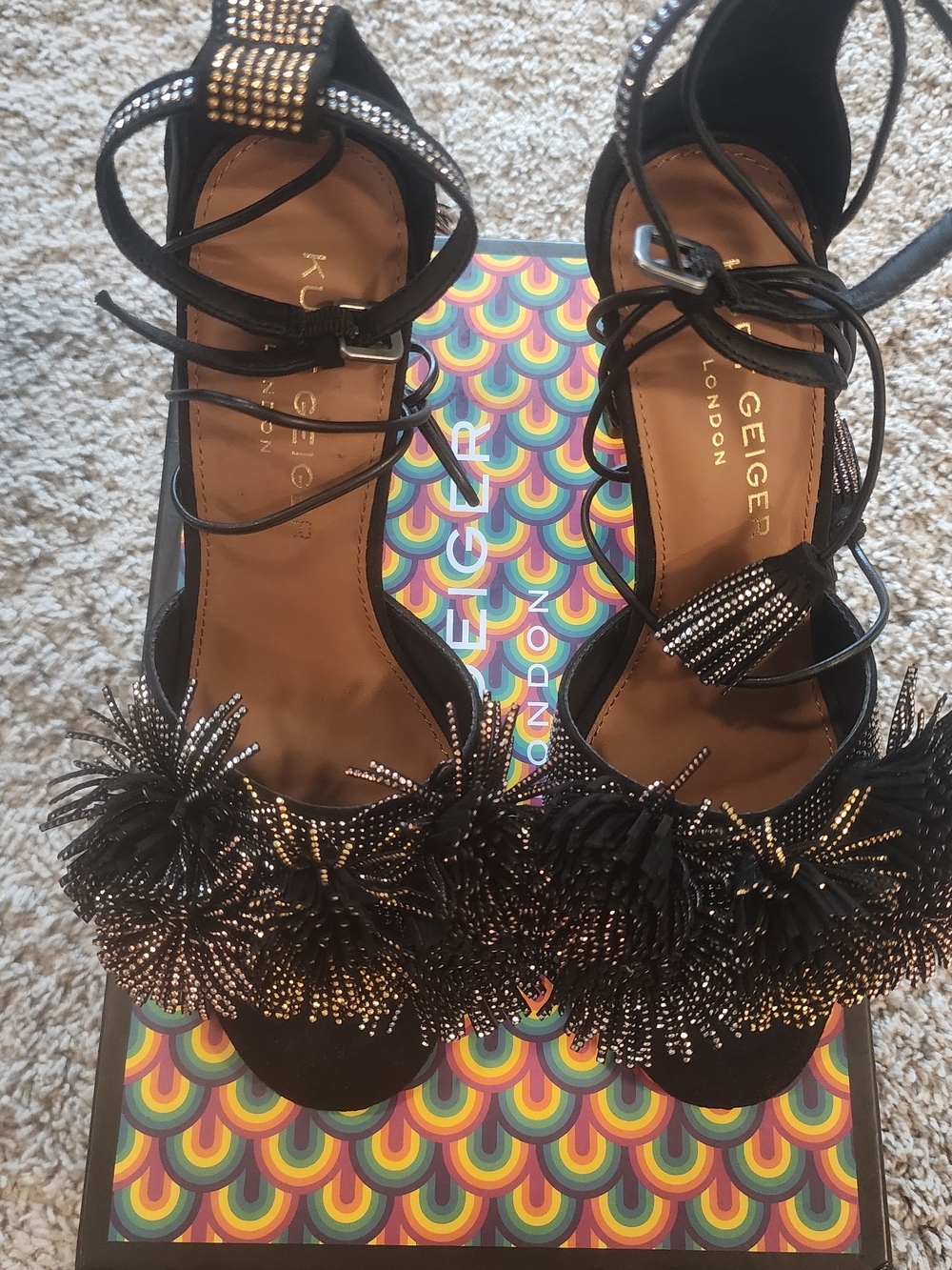 Kurt Geiger Black Pom-Pom Embellished Lace-Up Heels - Picture 6 of 11